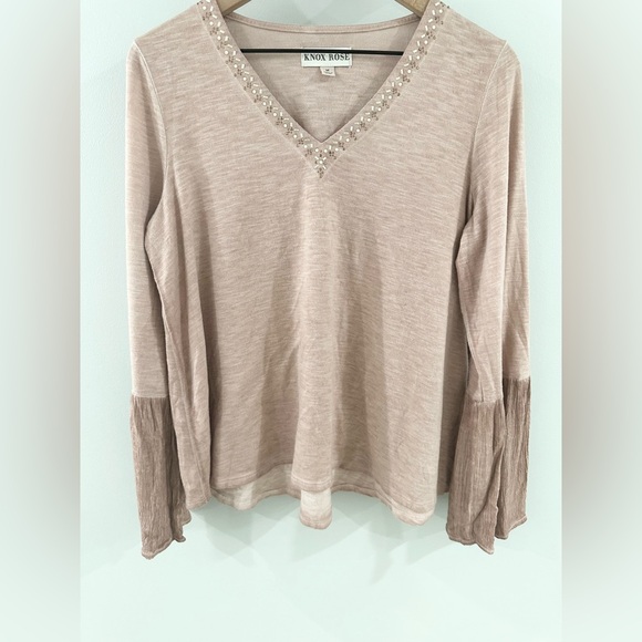 Knox Rose Bell Sleeve Beaded V-Neck Blouse Pink Size Medium - Picture 4 of 7
